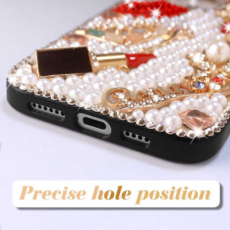 Luxury Pearl Makeup Mobile Cover – Bling Designer Case with Lipstick & Diamond Elements