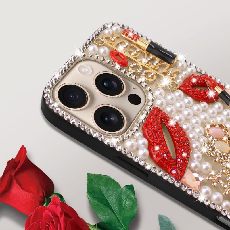 Luxury Pearl Makeup Mobile Cover – Bling Designer Case with Lipstick & Diamond Elements