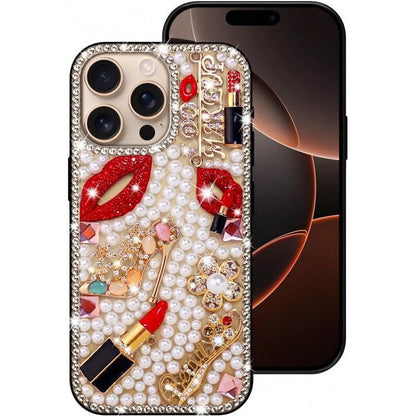 Luxury Pearl Makeup Mobile Cover – Bling Designer Case with Lipstick & Diamond Elements