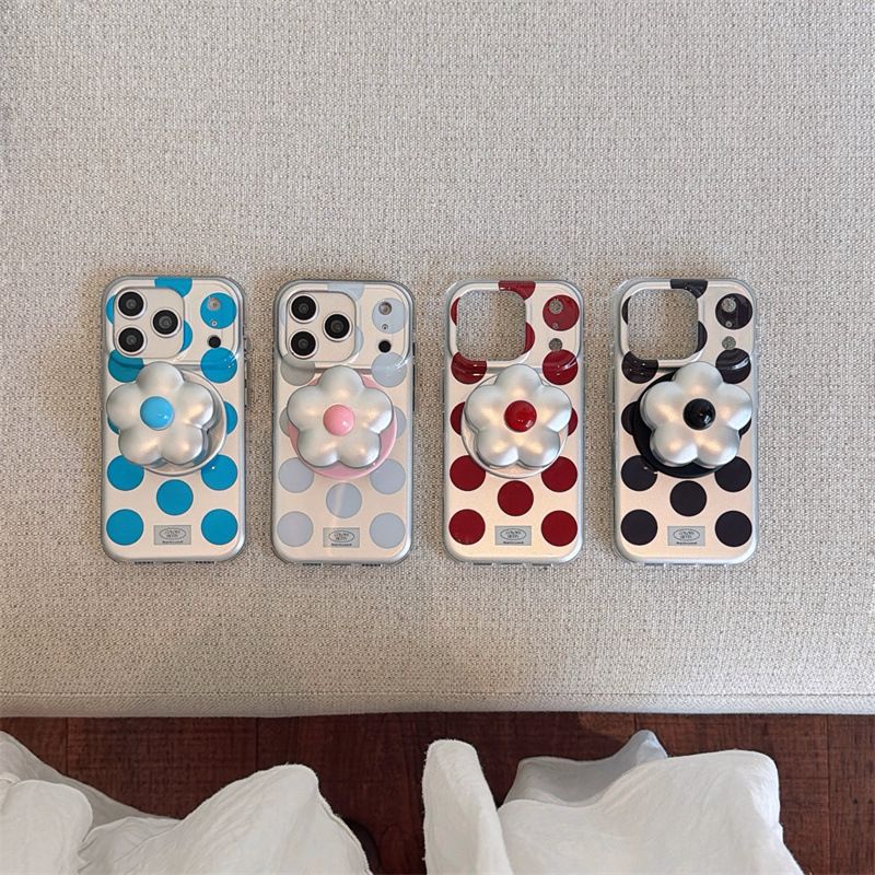 Cute Polka Dot Mobile Cover with 3D Flower Grip – Transparent Designer Case
