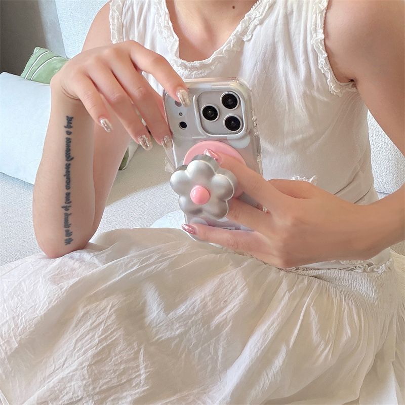 Cute Polka Dot Mobile Cover with 3D Flower Grip – Transparent Designer Case