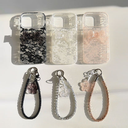 Transparent Lace Mobile Cover with Wrist Strap – Stylish Floral Designer Case