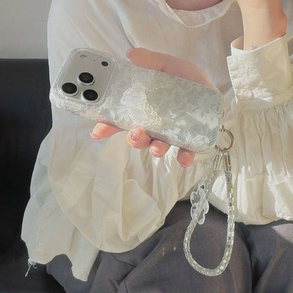 Transparent Lace Mobile Cover with Wrist Strap – Stylish Floral Designer Case