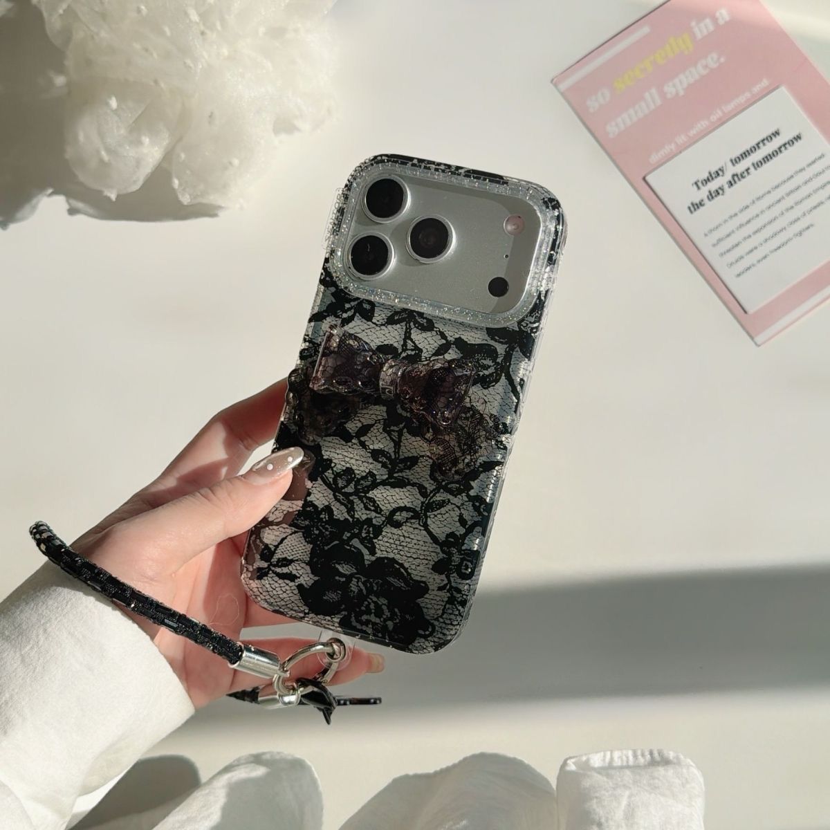Transparent Lace Mobile Cover with Wrist Strap – Stylish Floral Designer Case