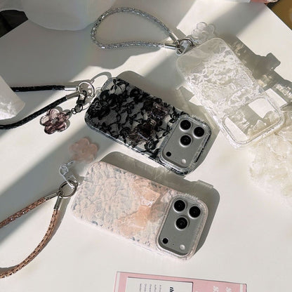 Transparent Lace Mobile Cover with Wrist Strap – Stylish Floral Designer Case