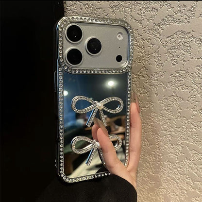 Luxury Bow Mirror Mobile Cover with Diamond Border – Premium Designer Case