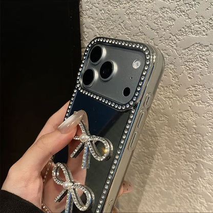 Luxury Bow Mirror Mobile Cover with Diamond Border – Premium Designer Case