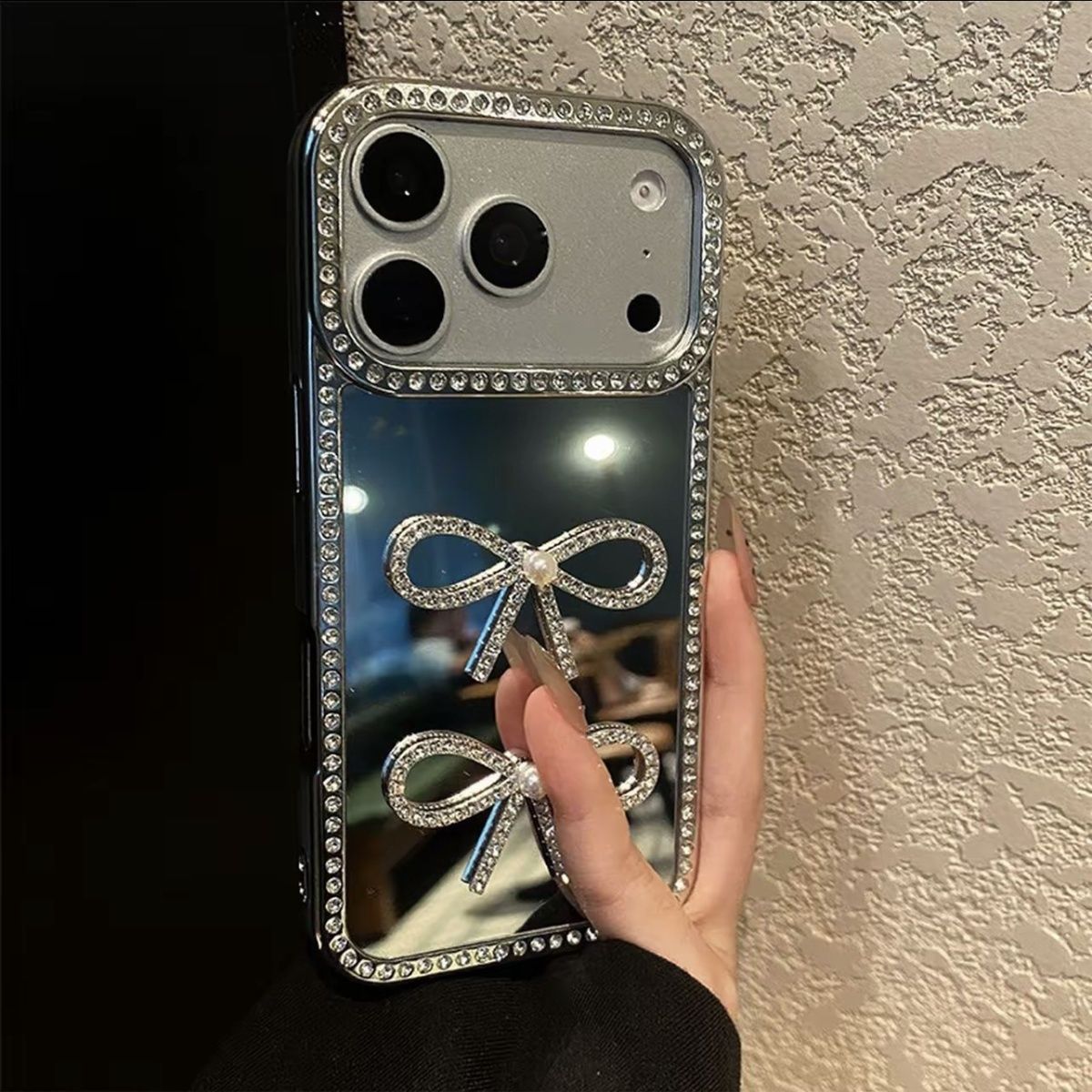 Luxury Bow Mirror Mobile Cover with Diamond Border – Premium Designer Case