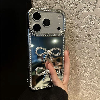 Luxury Bow Mirror Mobile Cover with Diamond Border – Premium Designer Case
