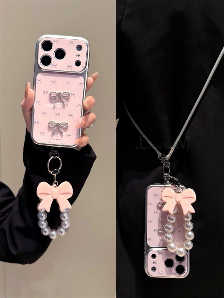 Cute Bow Pearl Mobile Cover with Hanging Charm – Luxury Designer Case