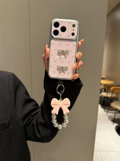 Cute Bow Pearl Mobile Cover with Hanging Charm – Luxury Designer Case