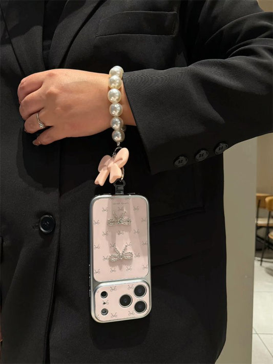 Cute Bow Pearl Mobile Cover with Hanging Charm – Luxury Designer Case