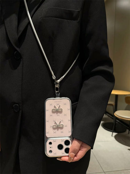 Cute Bow Pearl Mobile Cover with Hanging Charm – Luxury Designer Case