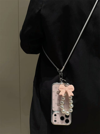 Cute Bow Pearl Mobile Cover with Hanging Charm – Luxury Designer Case