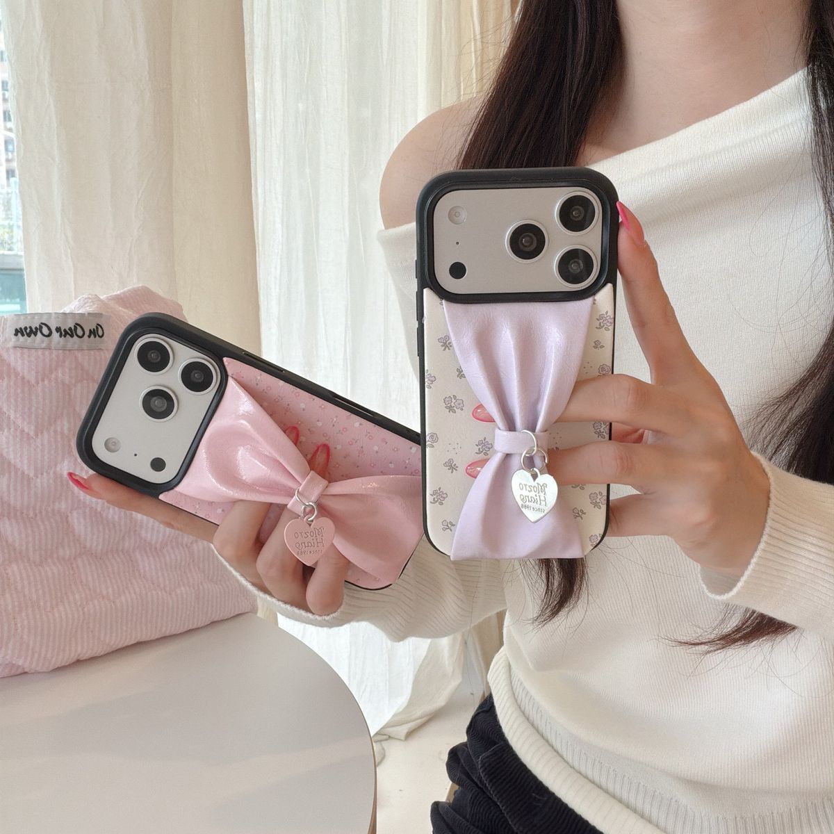 Cute 3D Bow iPhone Case with Heart Charm – Soft Protective Designer Cover