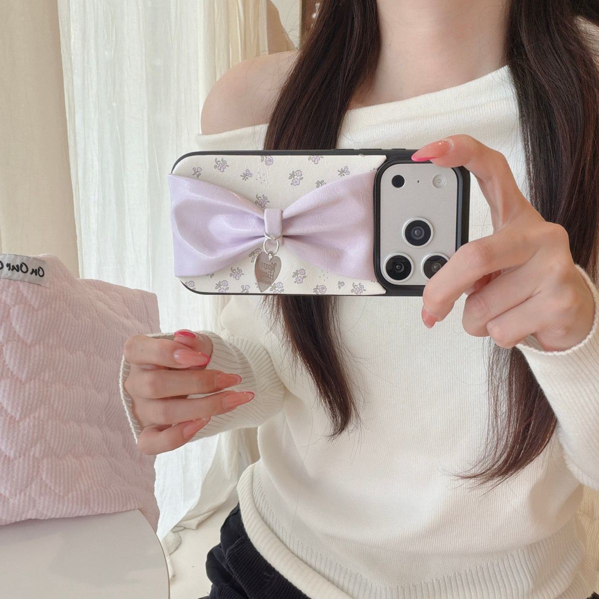 Cute 3D Bow iPhone Case with Heart Charm – Soft Protective Designer Cover