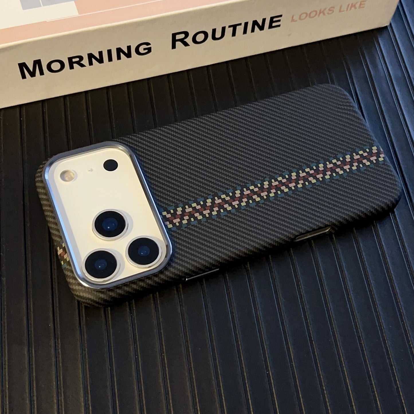 Premium Carbon Fiber Texture iPhone Case with Multi-Color Woven Stripe