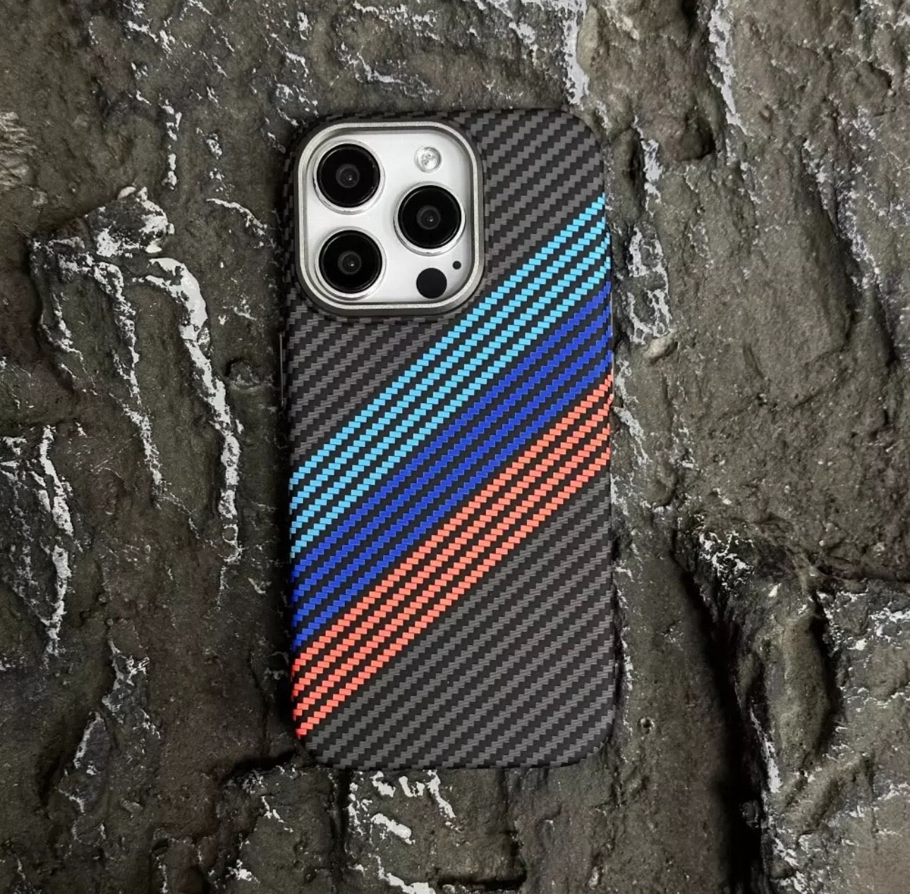 Premium Carbon Fiber Texture iPhone Case with Racing Stripes