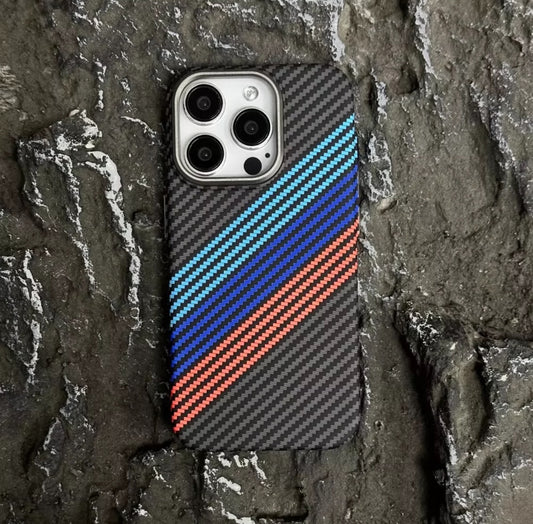 Premium Carbon Fiber Texture iPhone Case with Racing Stripes