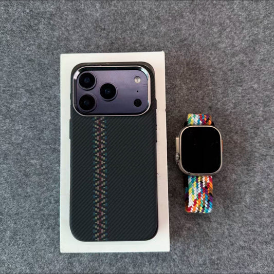 Premium Carbon Fiber Texture Phone Case with Multi-Color Stripe