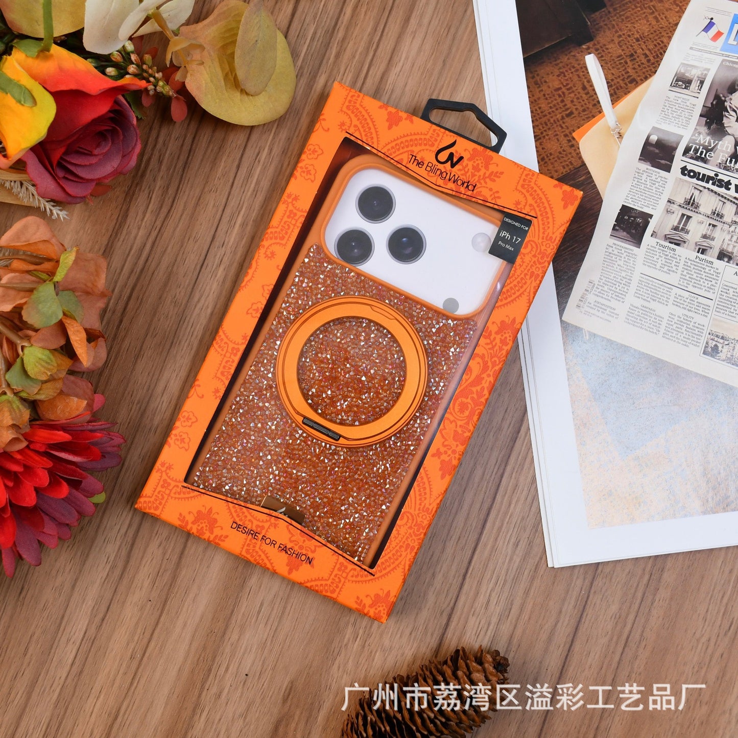 Luxury Glitter Orange Phone Case with Rotating Ring Holder
