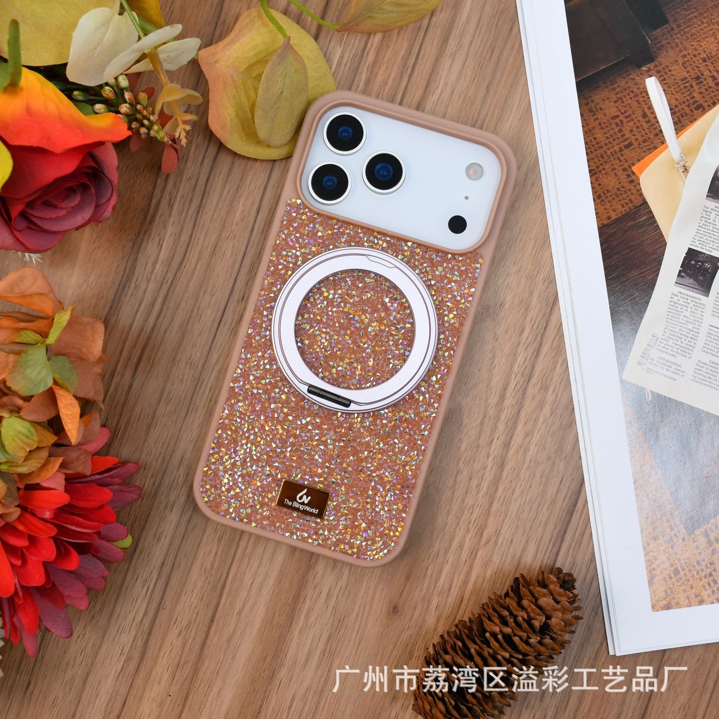 Luxury Glitter Orange Phone Case with Rotating Ring Holder