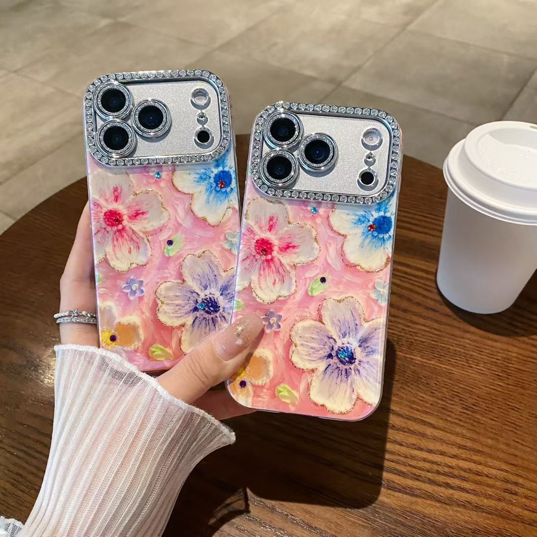 Floral Textured iPhone Case with Rhinestone Camera Frame