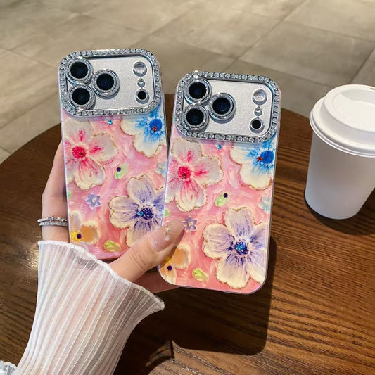 Floral Textured iPhone Case with Rhinestone Camera Frame
