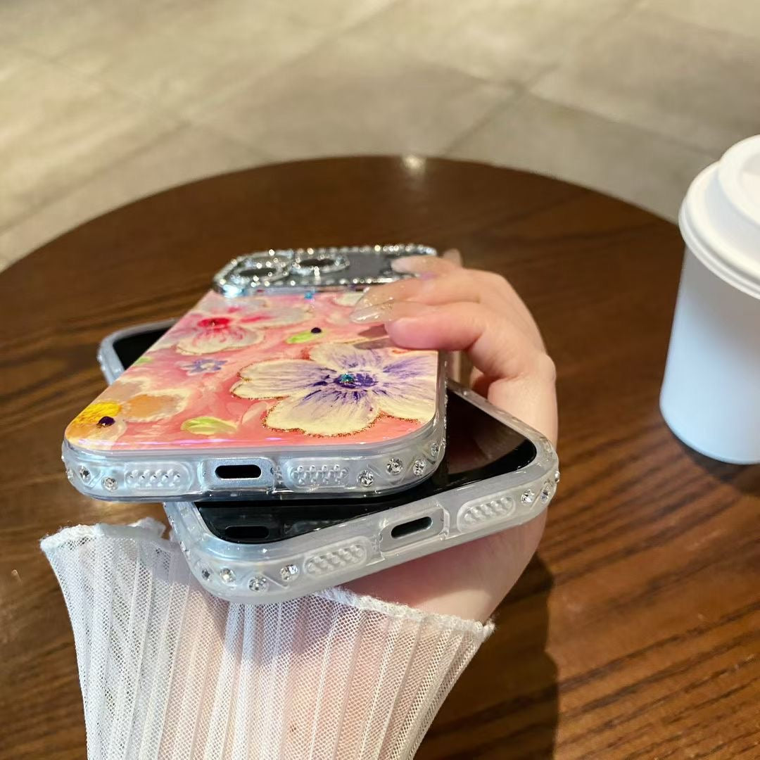 Floral Textured iPhone Case with Rhinestone Camera Frame