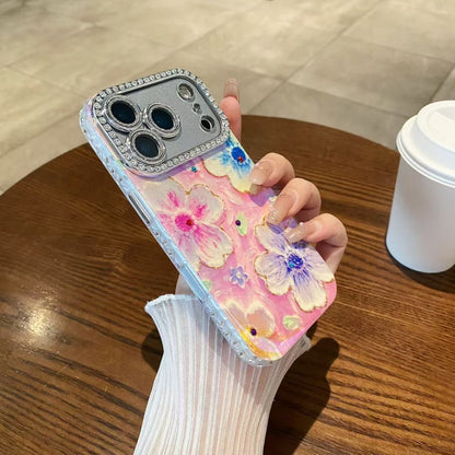 Floral Textured iPhone Case with Rhinestone Camera Frame