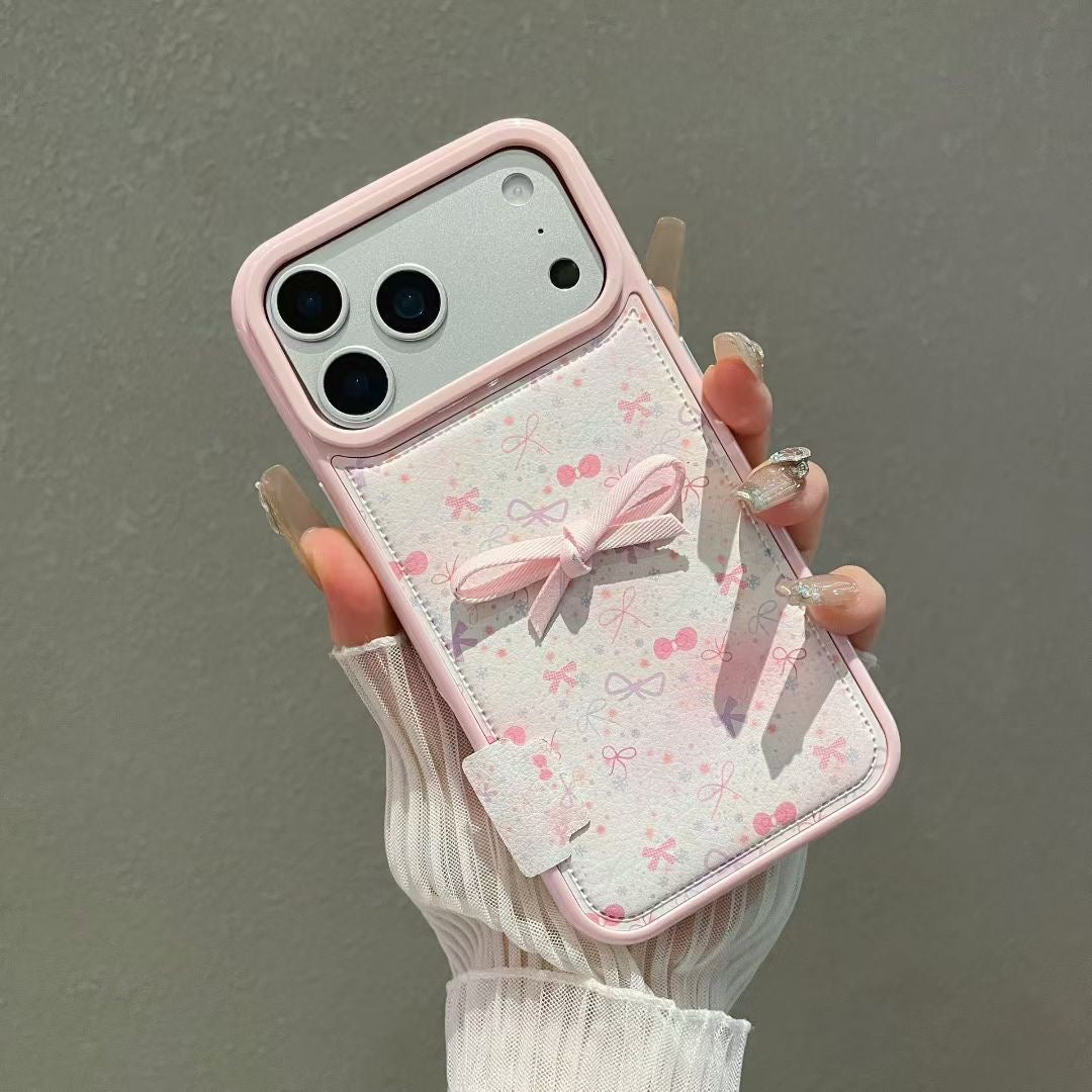 Cute Pink Bow Phone Case with Soft Fabric Back & Ribbon Design