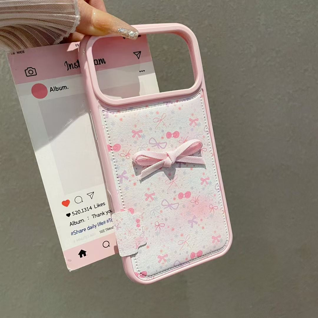 Cute Pink Bow Phone Case with Soft Fabric Back & Ribbon Design