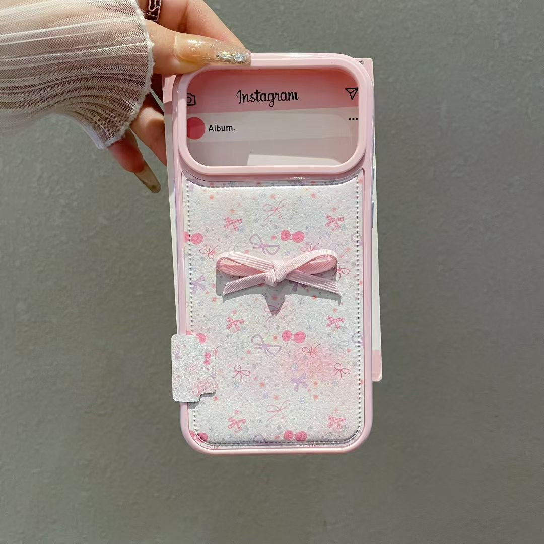 Cute Pink Bow Phone Case with Soft Fabric Back & Ribbon Design