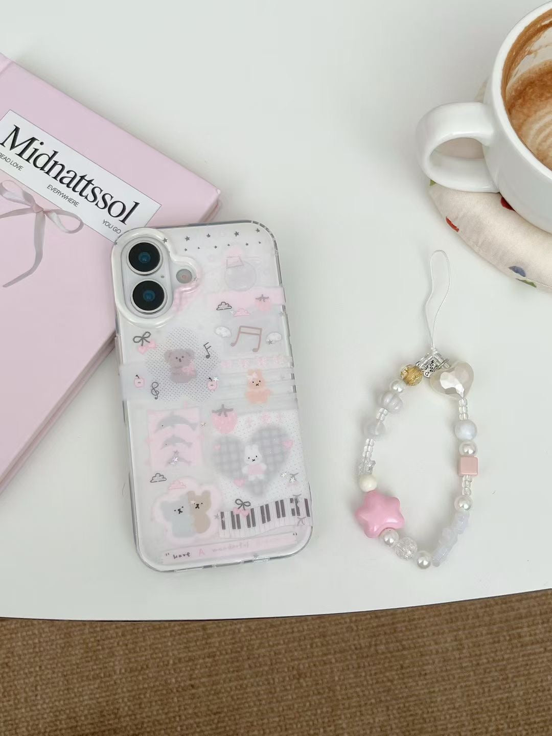 Cute Cartoon Transparent Phone Case with Beaded Hand Strap