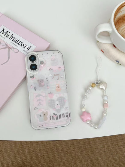 Cute Cartoon Transparent Phone Case with Beaded Hand Strap