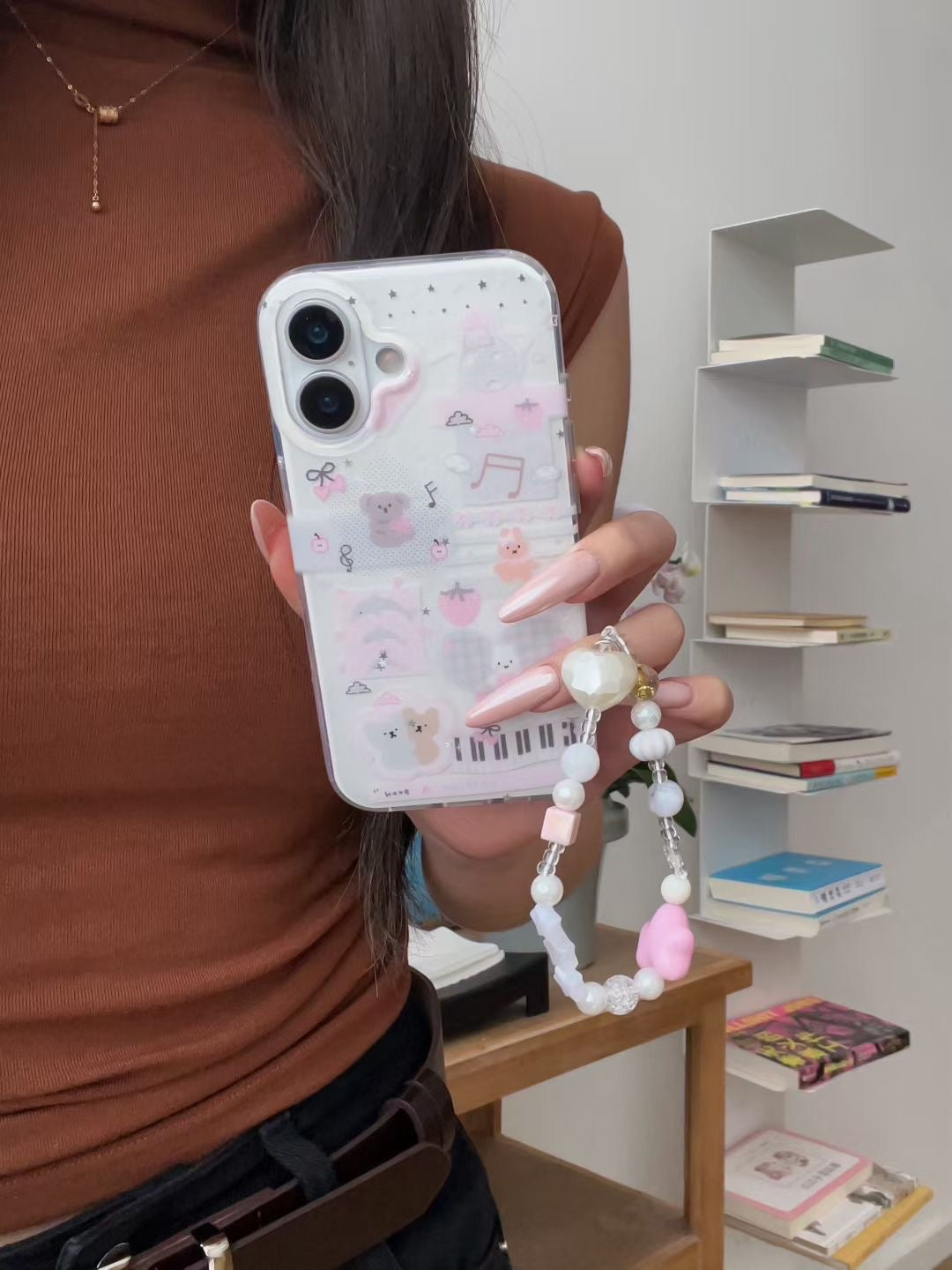 Cute Cartoon Transparent Phone Case with Beaded Hand Strap