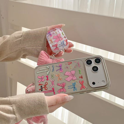 Bow Pattern iPhone Case with Soft Fuzzy Wrist Strap and Protective Frame