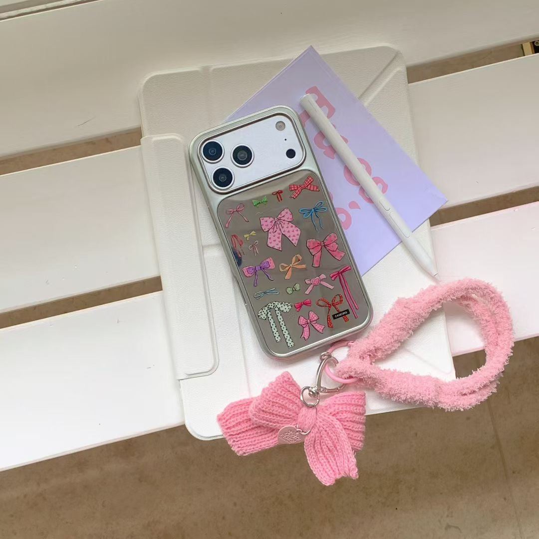 Bow Pattern iPhone Case with Soft Fuzzy Wrist Strap and Protective Frame