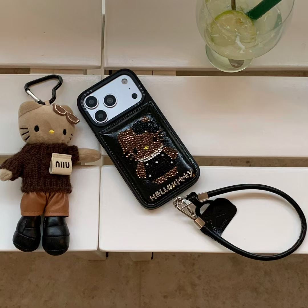 Rhinestone Kitty Phone Case with Strap Holder
