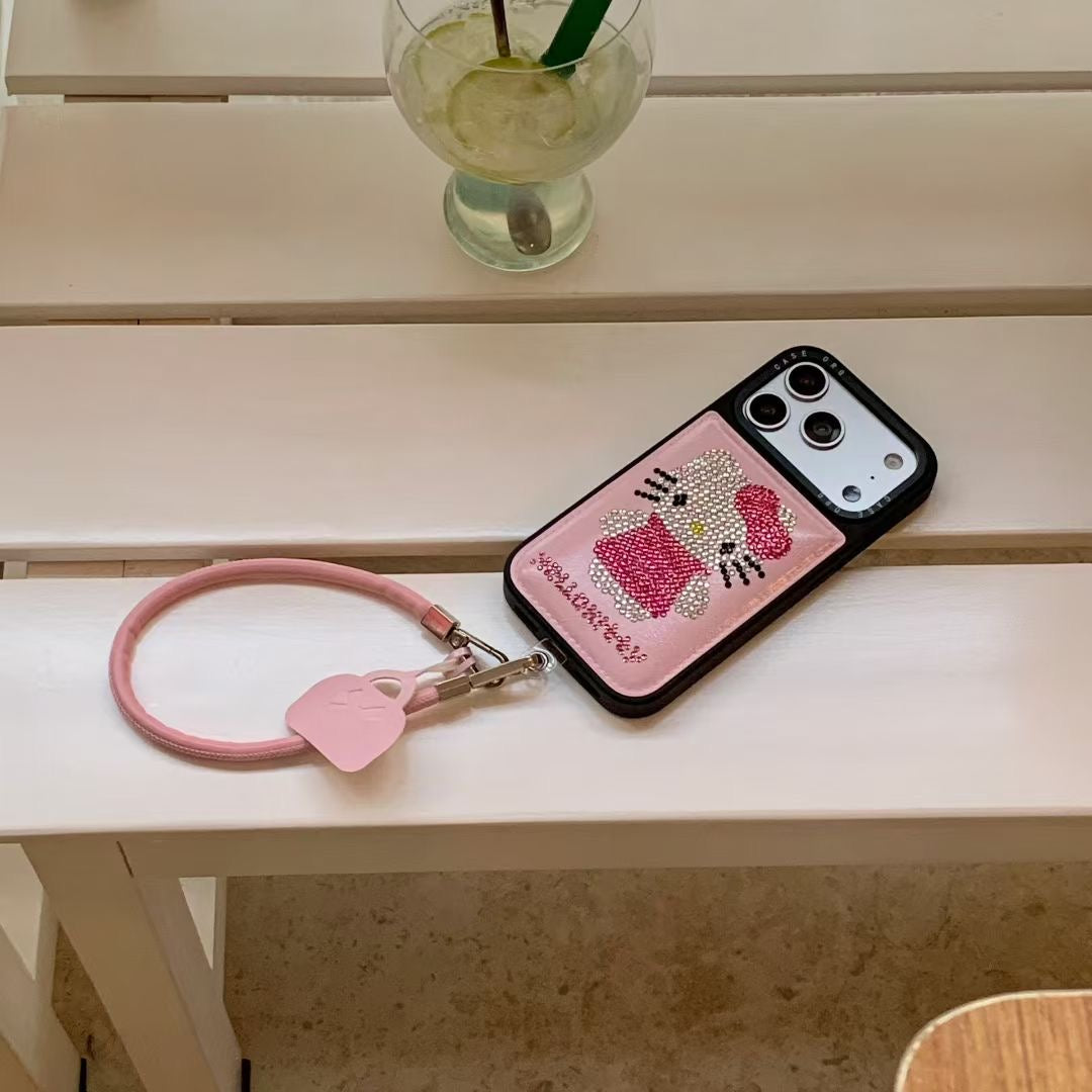 Rhinestone Kitty Phone Case with Strap Holder