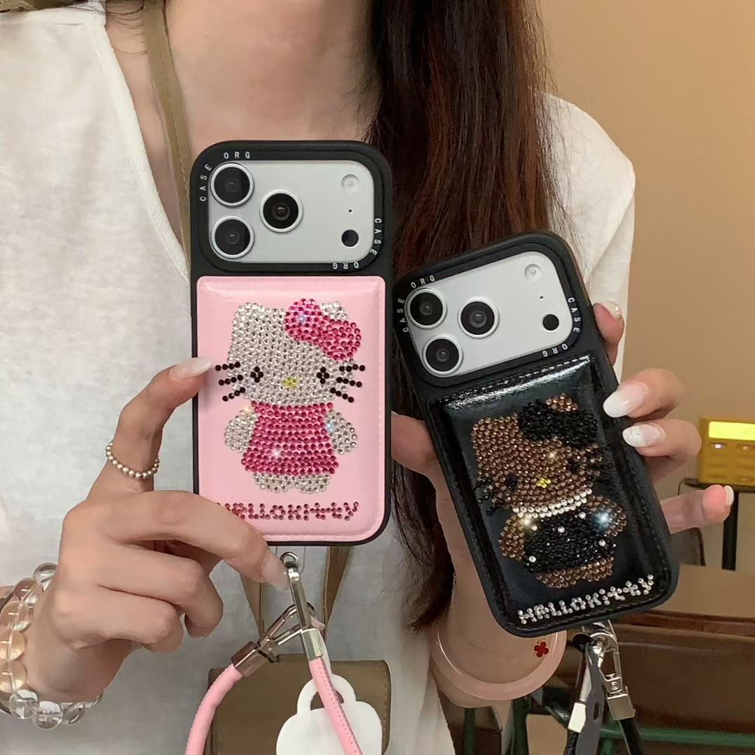 Rhinestone Kitty Phone Case with Strap Holder