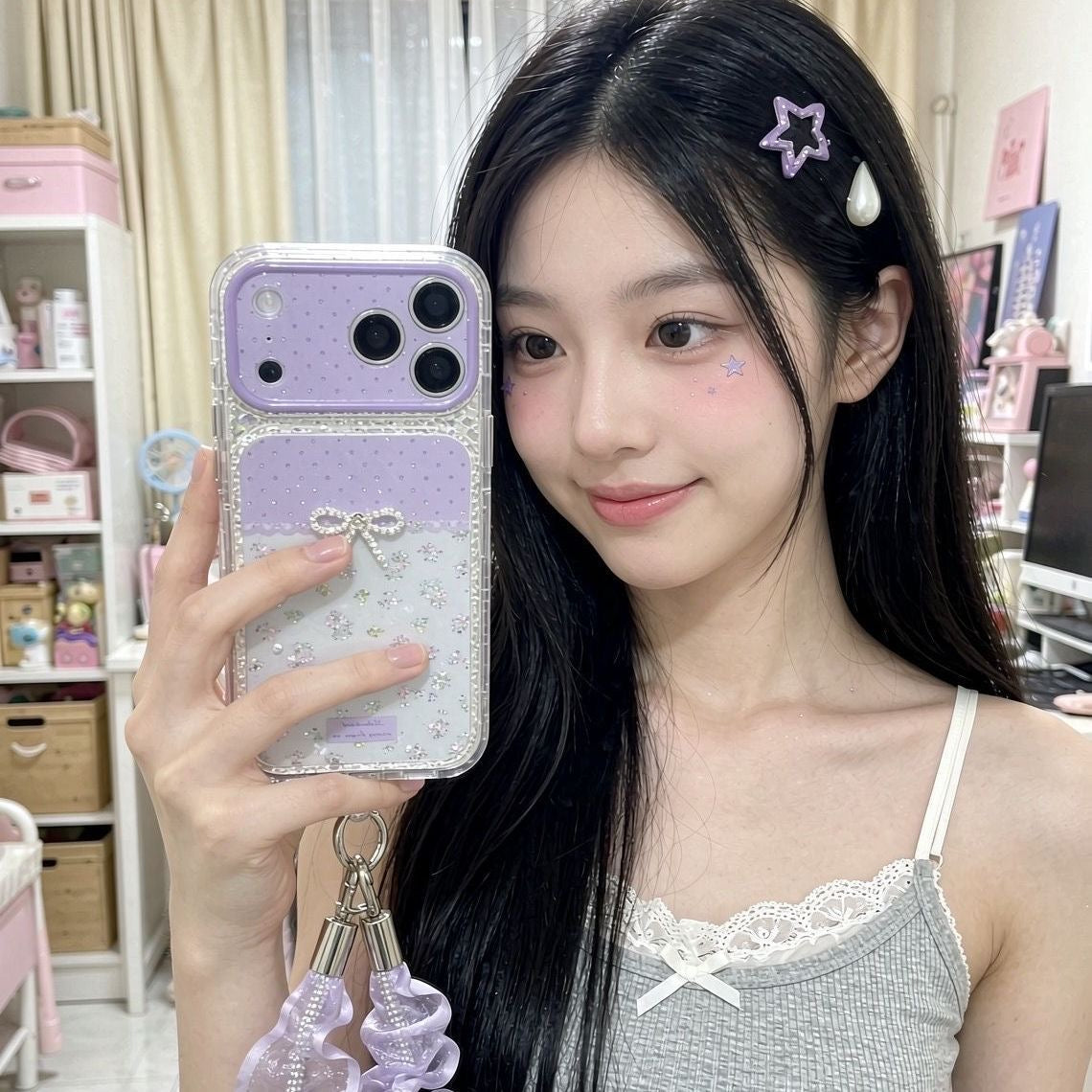 Lavender Floral Bow iPhone Case with Ruffle Wrist Strap