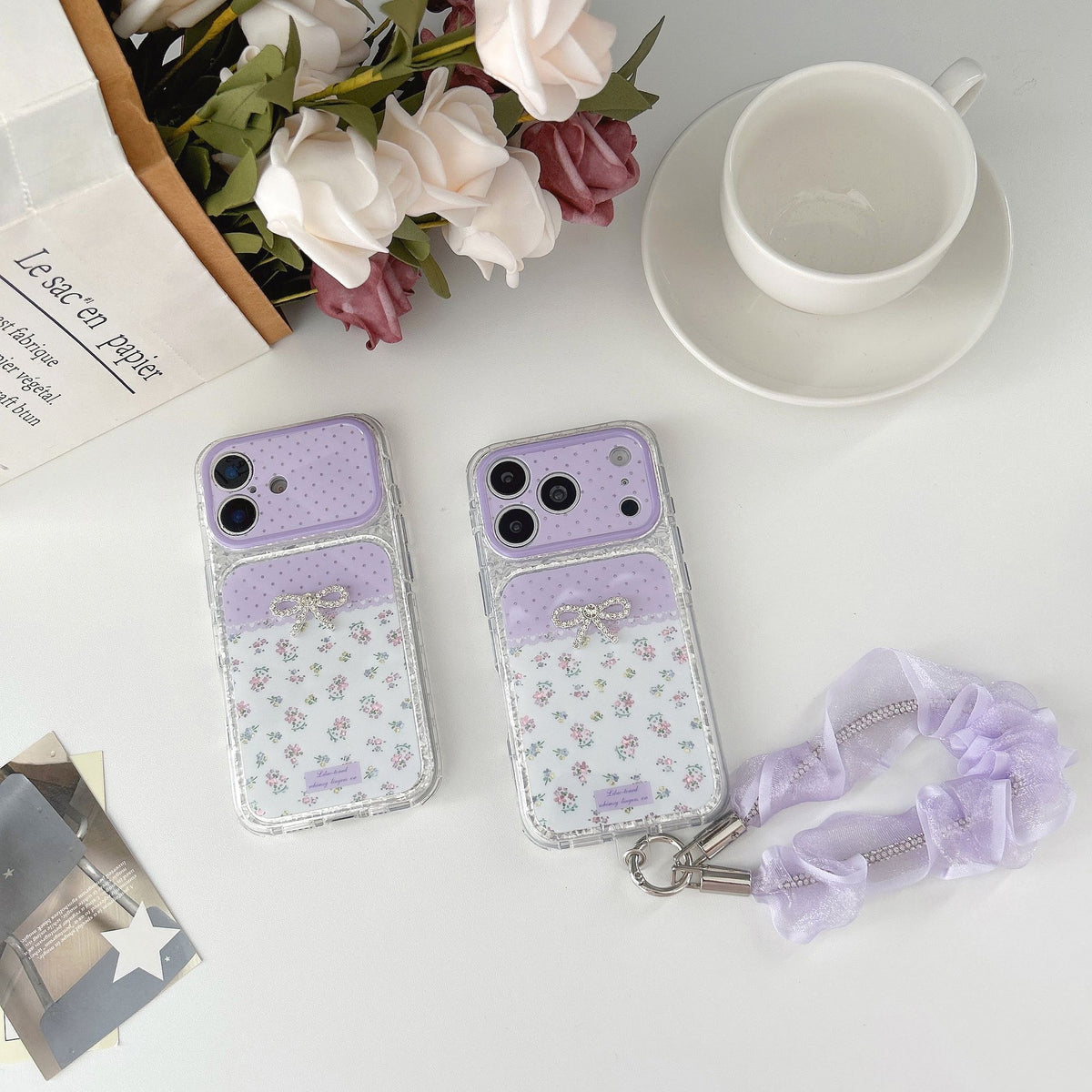 Lavender Floral Bow iPhone Case with Ruffle Wrist Strap