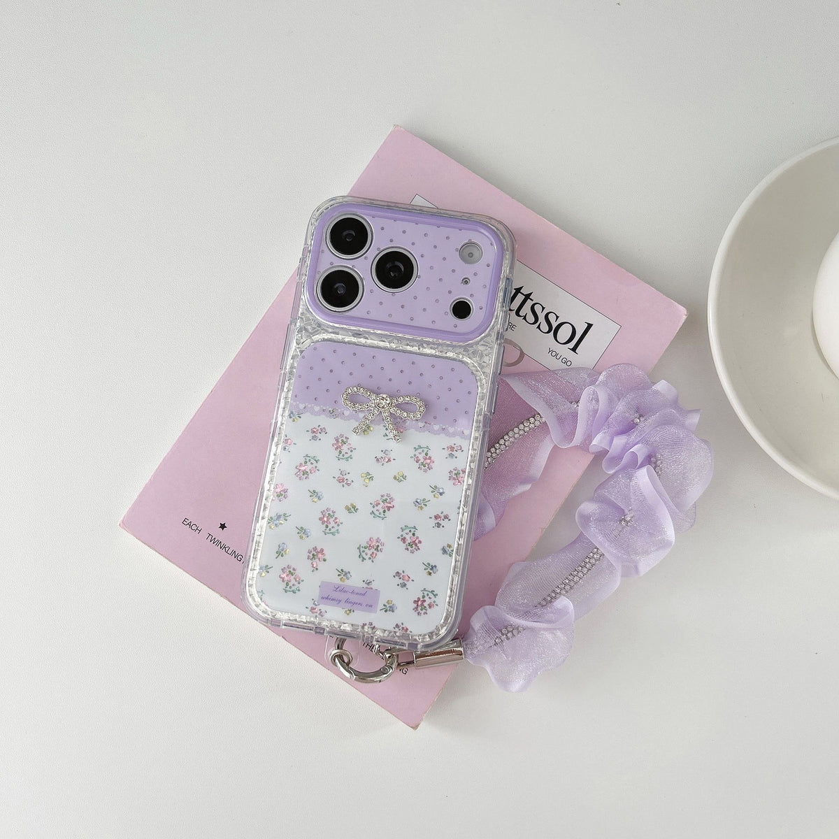Lavender Floral Bow iPhone Case with Ruffle Wrist Strap
