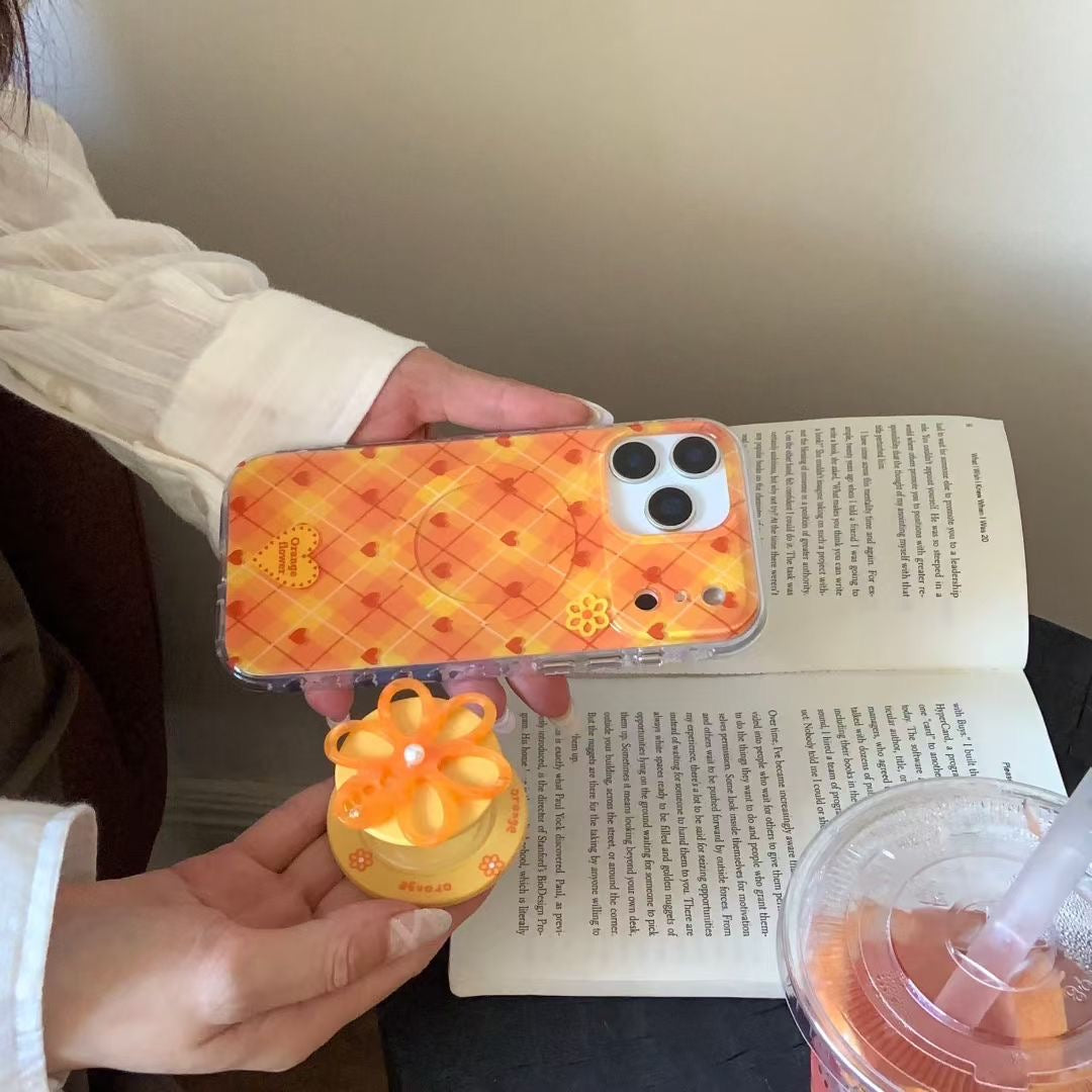 Orange Flower Design iPhone Case with Rotating Holder and Protective Bumper
