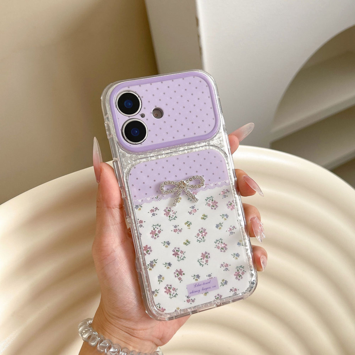 Lavender Floral Bow iPhone Case with Ruffle Wrist Strap