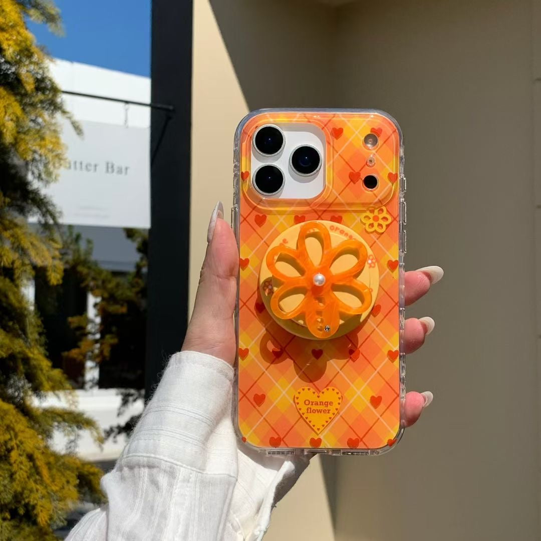 Orange Flower Design iPhone Case with Rotating Holder and Protective Bumper