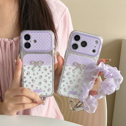 Lavender Floral Bow iPhone Case with Ruffle Wrist Strap