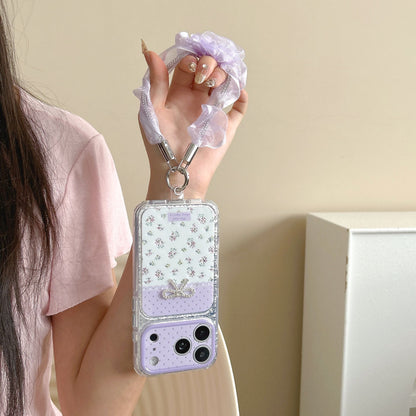 Lavender Floral Bow iPhone Case with Ruffle Wrist Strap