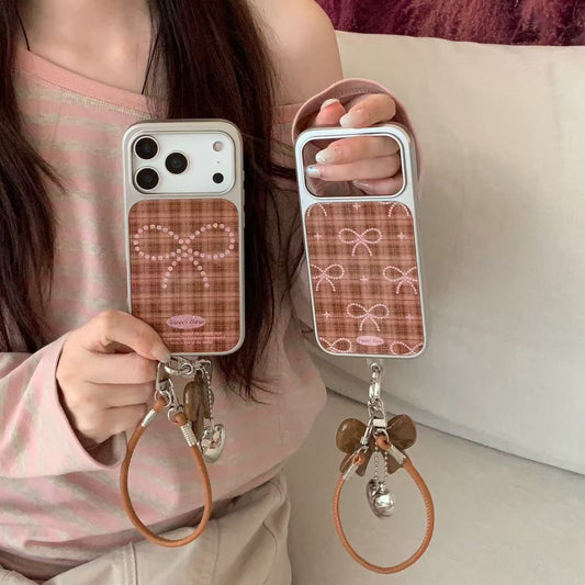 Plaid Bow Design iPhone Case with Wrist Strap and Charm